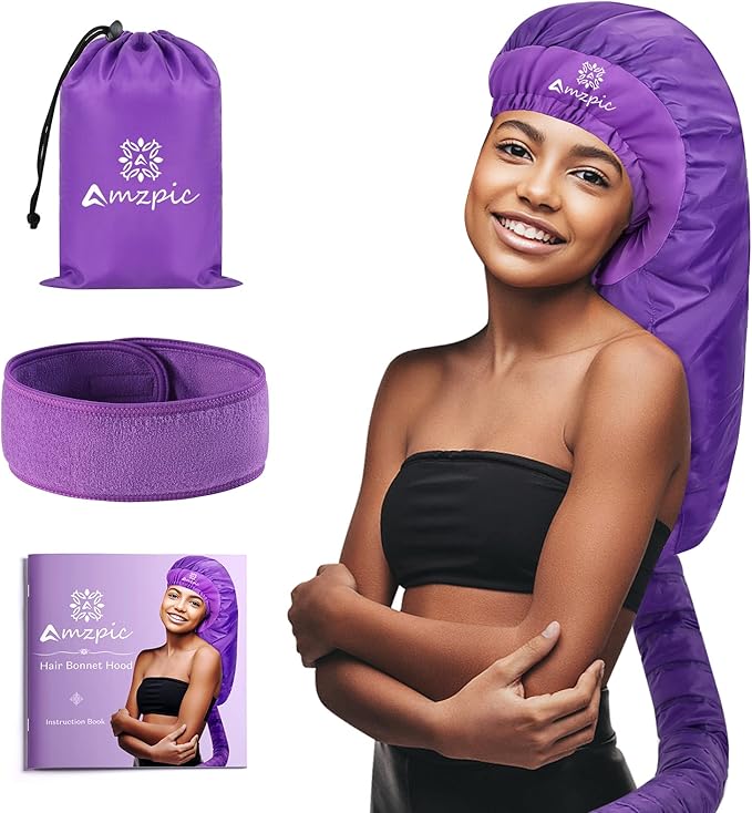 Bonnet Hair Dryer Attachment - Bonnet Hood Dryer with Headband That Reduces Heat Around Ears and Neck, Use for Hair Styling, Hair Drying, Curling and Deep Conditioning (Purple)