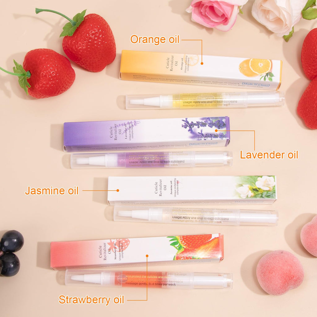 Meschett Cuticle Oil Pens with Nail File for Nail Care, 4PCS Nail Oil Pens with Natural Ingredients, Moisturizing Cuticle Oil for Fingernails and Toenails (Mix Flavors)