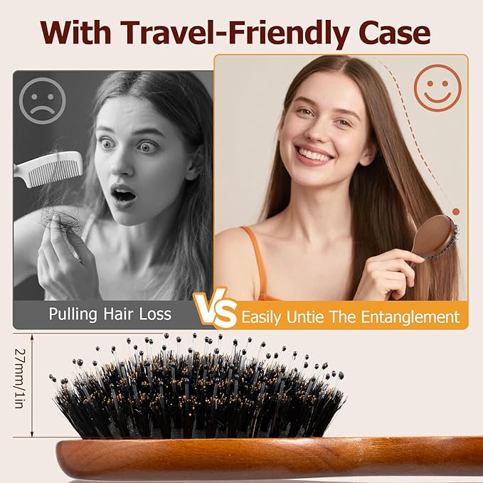 Travel Hair Brush, Mini Boar Bristle Hair Brush for Women Gift- Small Portable Compact HairBrush for Girls Kids Women Gift, Travel Size for Purse, Vacation, Business Trips & Outings Mini Round x1 Wood