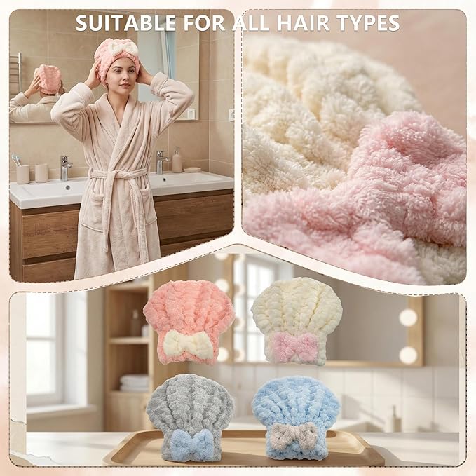 AZSRKRBM 4-Pack Microfiber Hair Towel Cap for Short/Medium Hair, No Twist, No Tug, Soft Absorbent Drying Hat with Bow for Women - Great for Skincare, Makeup, Shower