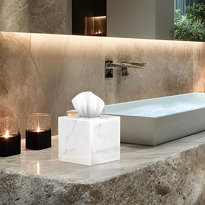 SILUT Stylish Tissue Box Cover Square, Marble Texture Tissue Box Holder, Decorative Tissue Holder for Bathroom, Kitchen, Vanity, Modern Tissues Organizer for Home, Hotel