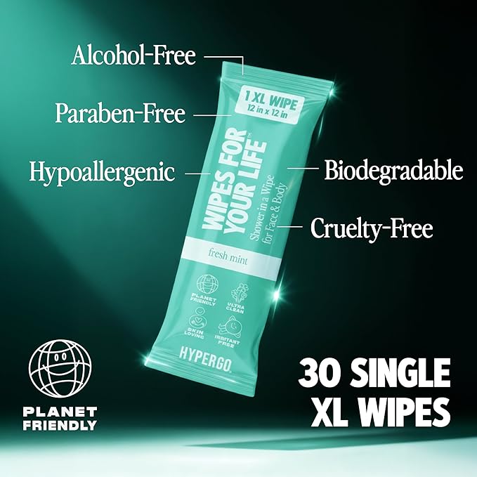 HyperGo XL Body Wipes for Women & Men – 12" x12" Rinse-Free Full Body Cleansing 30 Count Pack - Mint | Biodegradable, Hypoallergenic, Aloe-Infused | Gym, Festival, Camping Essentials