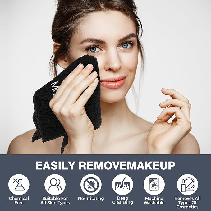 GLIMGLINT Makeup Remover Wash Cloths 5 Pack – Soft Black Makeup Towels, Facial Cleansing Washcloths for Face, Hand and Make Up, Microfiber Face Towels, 13 x 13 in
