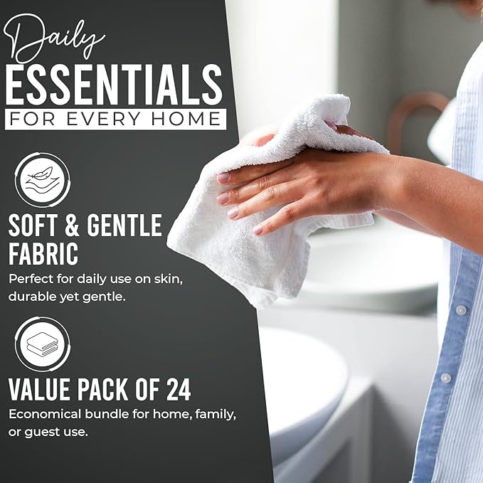 DAN RIVER 24 Pack Wash Cloths for Showering [12x12] - 100% Cotton Washcloths Premium Quality Flannel Face Cloths for Bathroom, Highly Absorbent and Soft Feel Wash Clothes, Gray