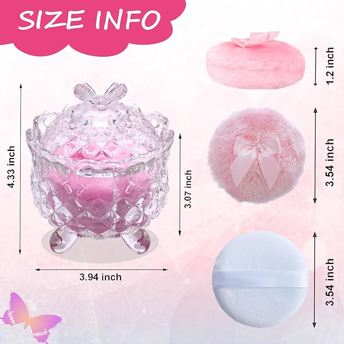 Qopoto 5 Pieces Large Body Powder Puff and Powder Container, Crystal Case for Dust Puff, Powder applicator with Box for Face and Body (Clear, Butterfly)