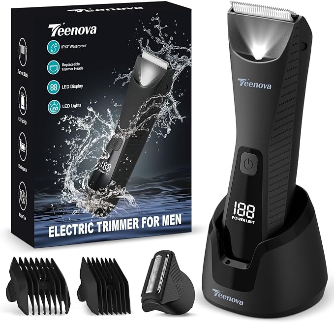 TEENOVA Pubic & Body Hair Trimmer for Men, 2 In 1 Electric Ball Groin Razor Shaver with Ceramic Blade, No Nick Mens Grooming Kit for Wet/Dry Use, Cordless Charging Body Groomer with Led Display, Black