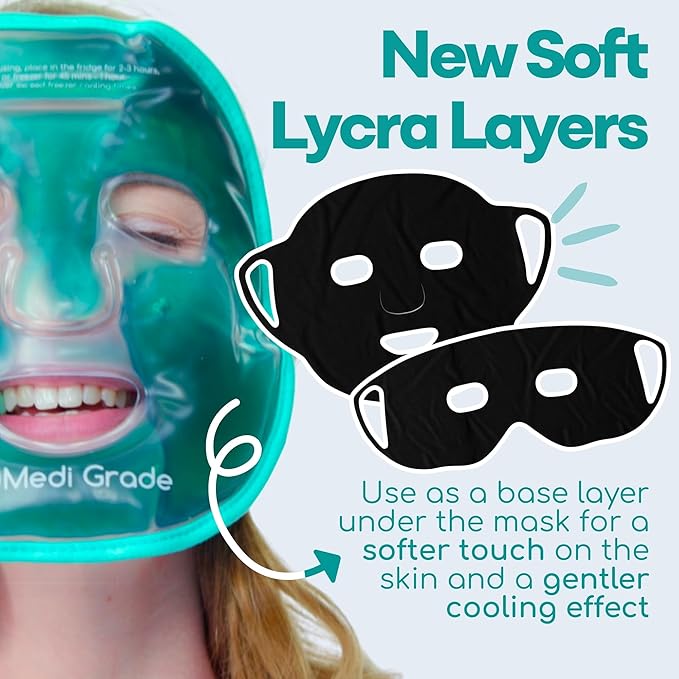 Medi Grade Cooling Ice Face Mask and Cooling Eye Mask for Puffy Eyes & Migraine Relief - Self Care Face Ice Pack with ChillGel Face Ice Mask Technology - Cooling Face Mask, Eye Pads and Bag