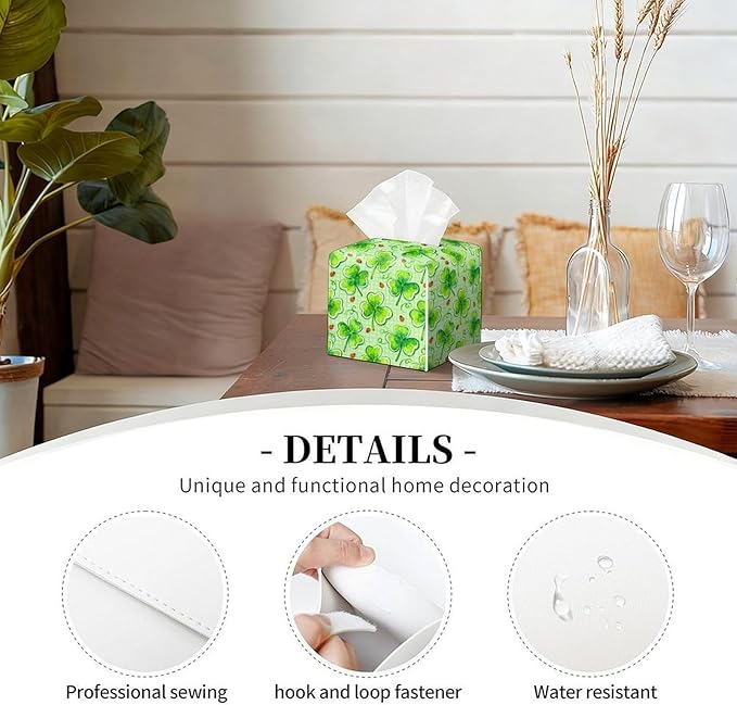 Lucky Clover Tissue Box Cover St. Patrick's Day Leather Tissue Box Holder Square Facial Paper Organizer Dispenser for Bathroom Kitchen Bedroom Vanity Countertop Night Stands