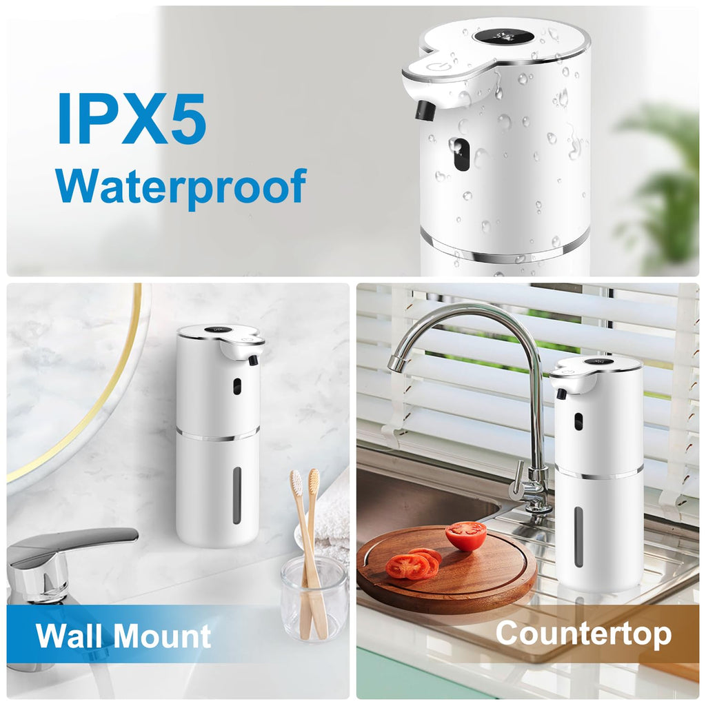 Automatic Liquid Soap Dispenser 12.8oz, Rechargeable & 6 Levels Soap Adjustable with Digital Display, Wall Mount, Waterproof, Touchless Hand/Dish Soap Dispenser for Kitchen, Bathroom, Hotel