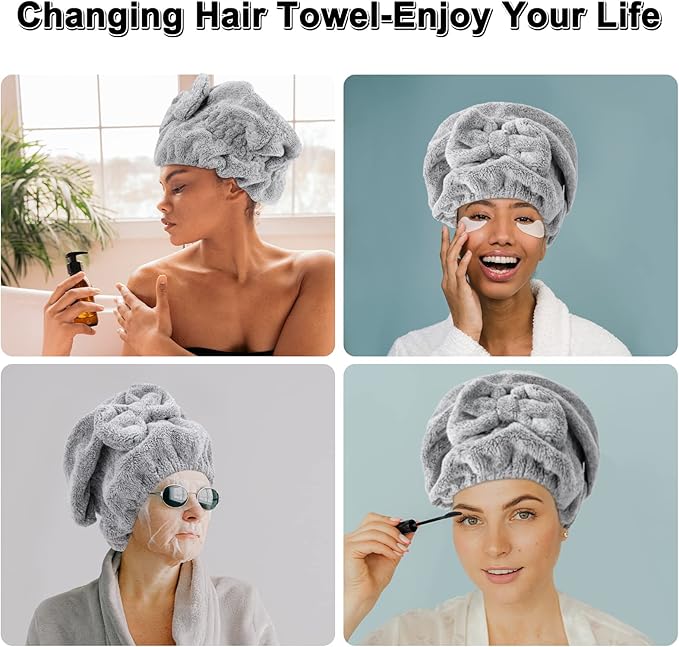 HMIEPRS 2 Pack Microfiber Hair Towel Cap, Quick Drying Cap Soft Absorbent Towel and 2 Combs for Curly Long Thick Dry or Wet Hair (Stripe and Gray)
