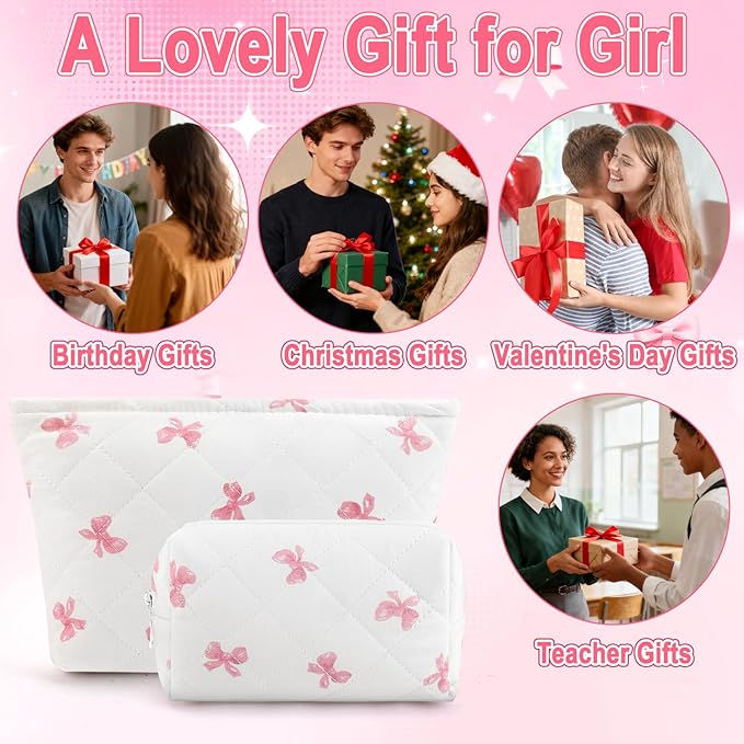 Lestp 2Pcs Small Makeup Bag Quilted Cosmetic Bag Flower Pencil Case Travel Makeup Bag Set for Women Cute Cosmetic Pouch Aesthetic Cotton Toiletry Organizer Storage Bags Puffy Zipper Pouch D
