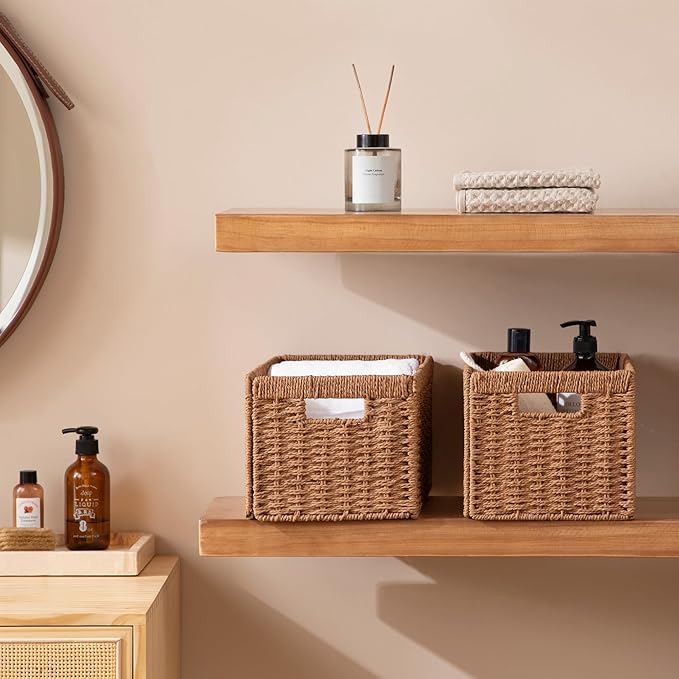 UBBCARE 2 Pack Wicker Basket, 13.4L×8.3H×7.1W inch Woven Paper Rope Storage Baskets for shelves, Foldable Rectangular Storage Baskets with Handle, Storage Basket for Organizing, Caramel