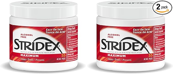 Stridex Medicated Acne Pads, Maximum – Facial Cleansing Wipes, Alcohol Free, Acne's Treatment for Face, For Moderate Acne, Smooth Application, 55 Count (Pack of 2)