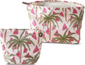 HAPPYHEIDI Makeup Bag Set 2, Cute Cosmetic Pouch, Coconut Trees Pattern, Cotton Blend, Floral, Zipper, 2 Count