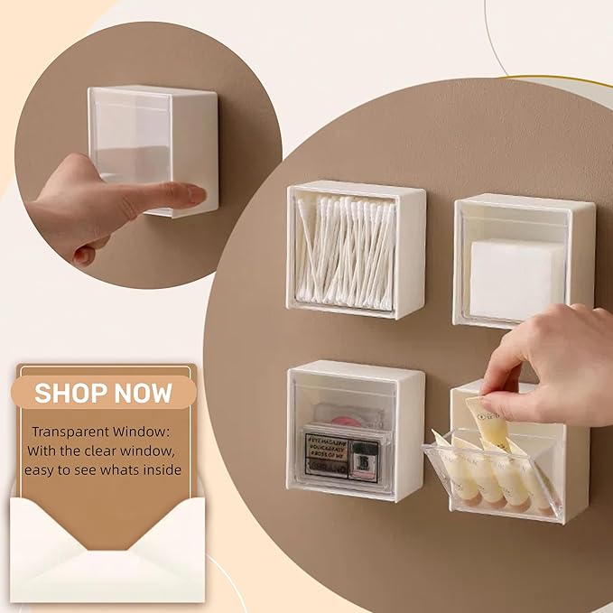 Josphlies Qtip Holder Wall Mount for Cotton Swabs, Balls, Pads, Hair Ties,Floss Picks- Small Plastic Bathroom Wall Organizers and Storage Set,Bedside Shelf,Home Decor,Dorm Room Essentials (4)