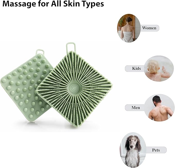 MtBoi 2 PC Silicone Exfoliating Body Scrubber, Body Shampoo Brush, Soft Silicone Loofah for Sensitive Skin, Shower Silicone Hair Scalp Massager, Easy to Clean, Lather Well(Black&Green)