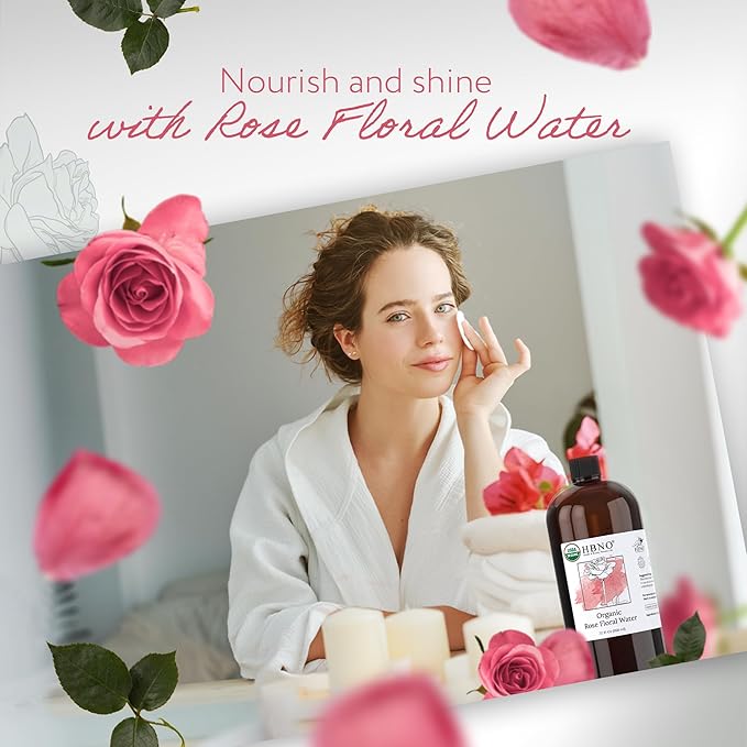HBNO Organic Rosewater - 32 oz (950ml) Value Size - Ideal for Face Mists, Room Sprays, Fragrances, Candles, Makeup Fixers, Face wash, Lotions, and Skin Care Products.