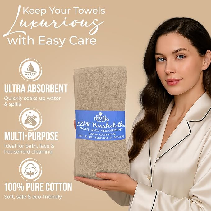DAN RIVER 12 Pack Wash Cloths for Showering [12x12] - 100% Cotton Washcloths Premium Quality Flannel Face Cloths for Bathroom, Highly Absorbent and Soft Feel Wash Clothes, Assortment 2
