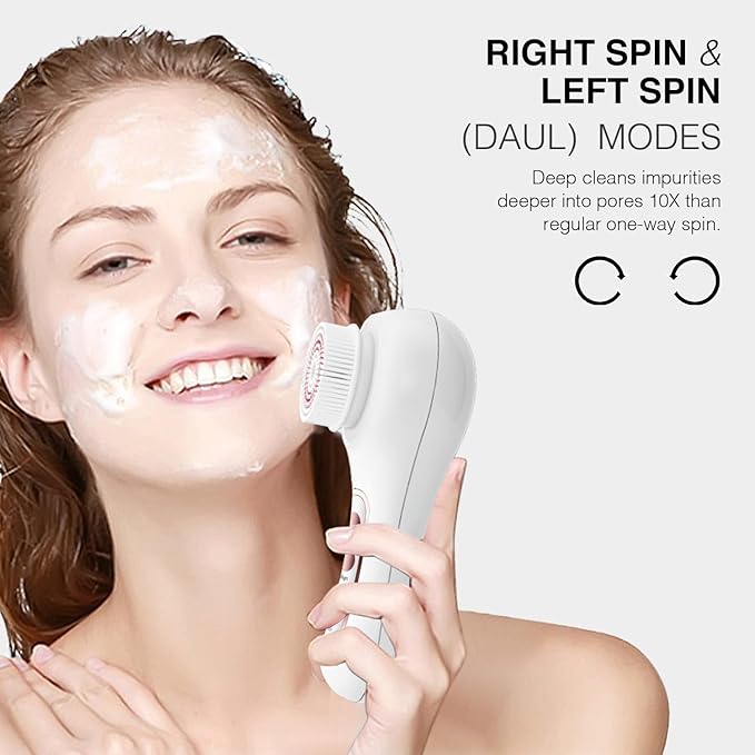 Electric Facial Cleansing Brush, 2-Way Rotating Face Scrubber for Daily & Deep Cleaning, 3 Modes, 5 Brush Heads, Rechargeable, IPX7 Waterproof for All Skin Types