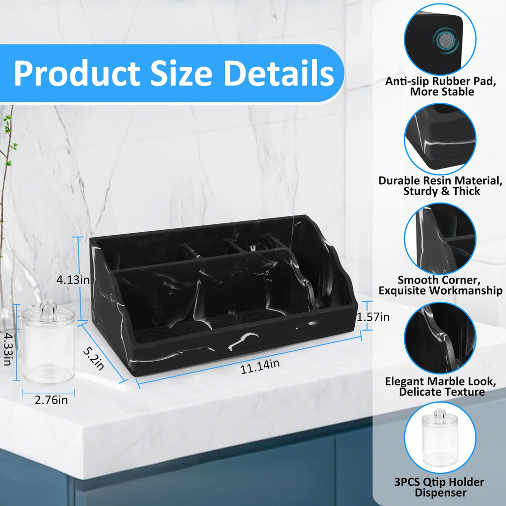 Marble Bathroom Countertop Organizer, Black Toothbrush Holders for Bathrooms Counter Organizer with 3PCS Qtip Dispenser, Toothbrush and Toothpaste Holder for Bathroom Organization Vanity Storage