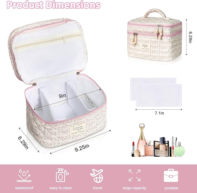Gosect Makeup Bag, Portable Travel Make up Bag, Large Capacity Quilted Cosmetic Organizer Bag, Cute Floral Toiletry Bag for Women Girls (Pink Flower)
