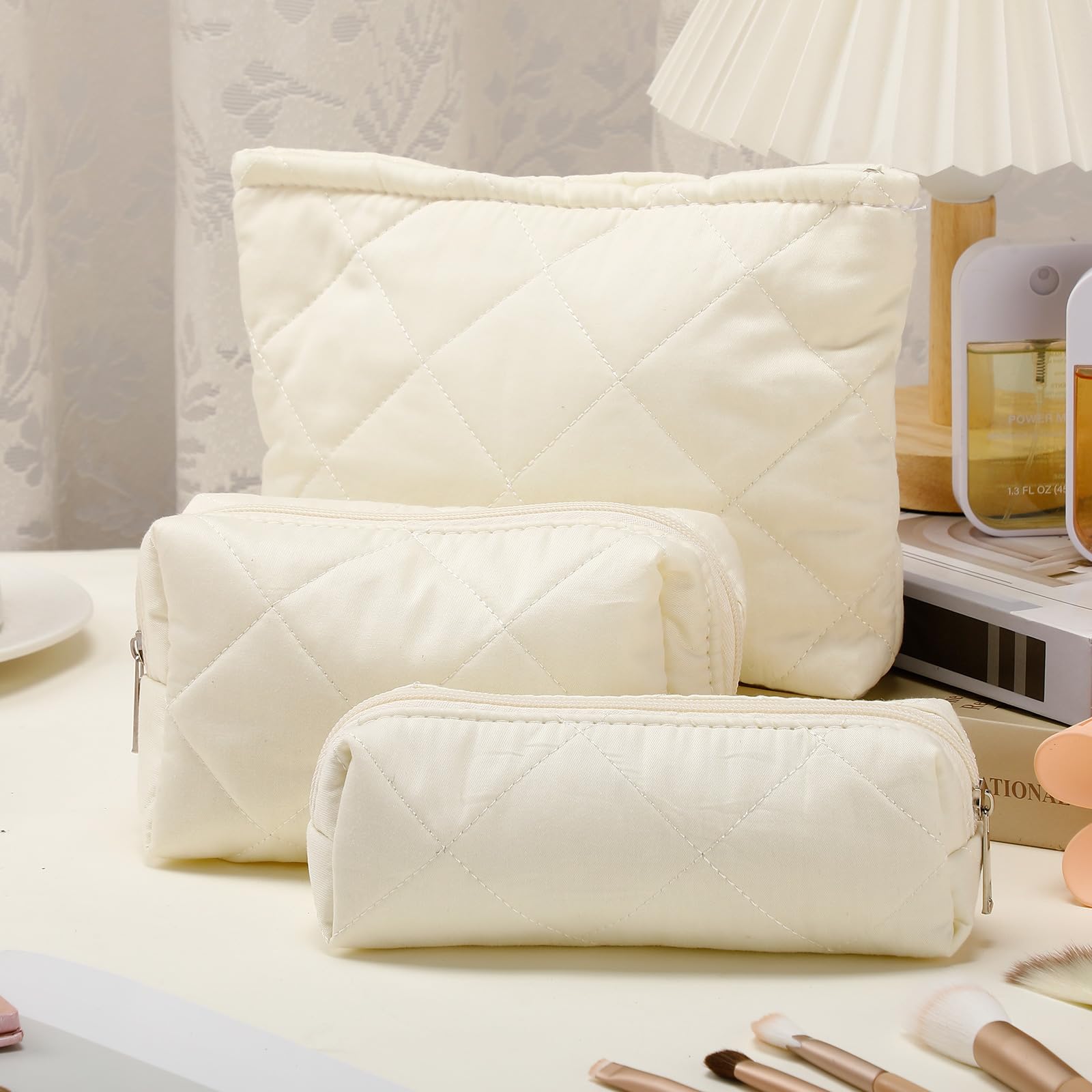 Paterr 3 Pcs Quilted Makeup Bag Set Back to School Favor Small Bridesmaid Cosmetic Bag Aesthetic Travel Pouch Cute Purse Pencil Case Makeup Storage Organizer for Women Birthday Gift(Cotton,Beige)
