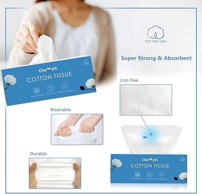 Charmyth Extra Thick Disposable Face Towel, Disposable Makeup Removing Wipes, 100% USA Cotton and 100% Organic & Cruelty Free, Lint-Free Cotton Tissues for Sensitive Skin 100 Count