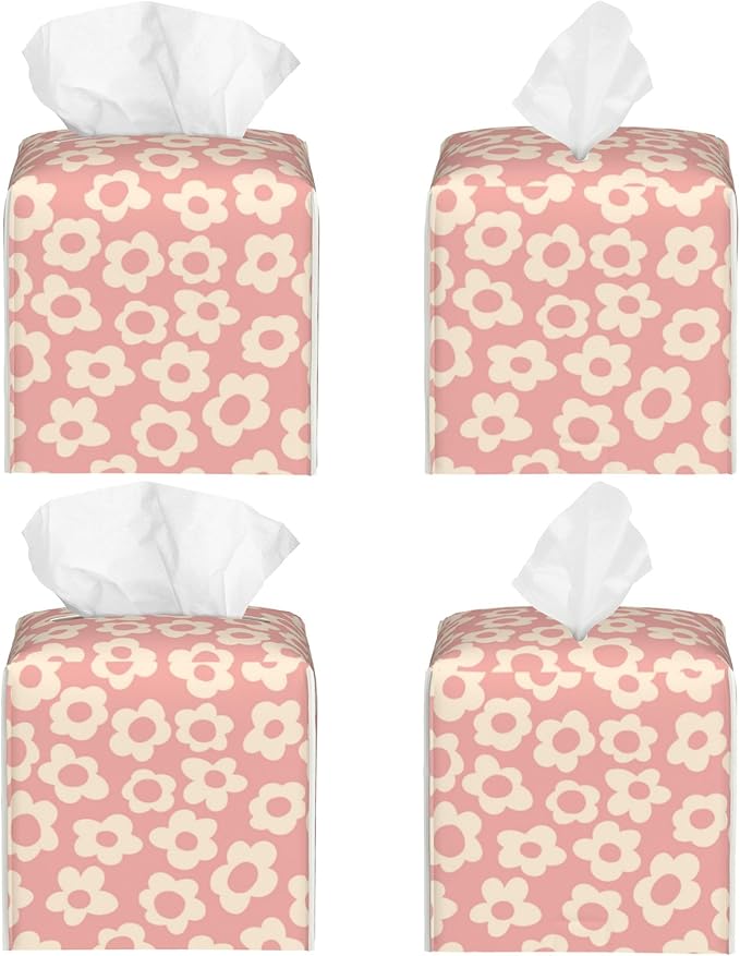 Vintage Groovy Flowers Tissue Box Cover Square,Pink Boho Floral Tissue Box Holder Waterproof Leather Facial Paper Organizer Dispenser for Bathroom Home Car Nightstand Vanity Desk