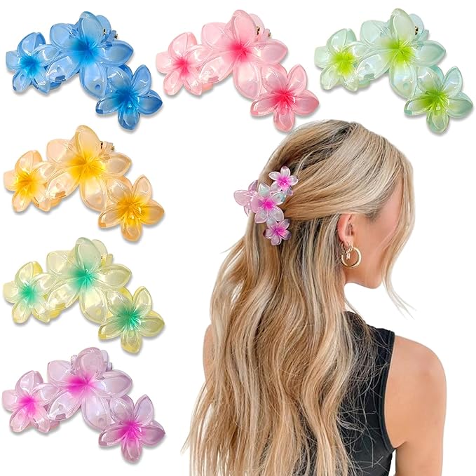 YONOY 6Pcs Flower Hair Clips for Women,Non-Slip Flower Hair Clips for Women,Hawaiian Hair Flower Clip Large Plumeria Banana Cute Clip Beach Hair Accessories (Pearlescent gradient color)