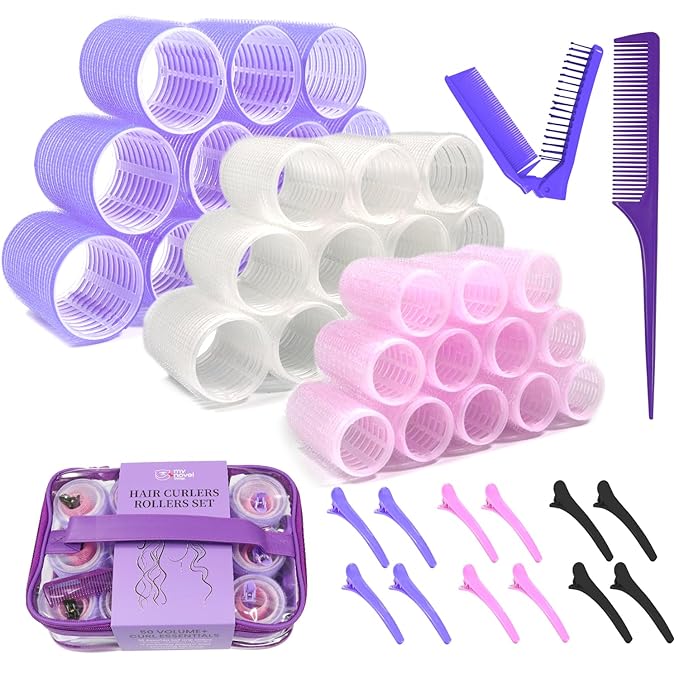 Hair Rollers Large Small 50PCS Set, 36PC Large Medium Hair Rollers for Volume Curlers with 12PC Clips 1 Tail Comb 1 Folding Comb for Short Medium Blowout Look Long Hair Gift for Women
