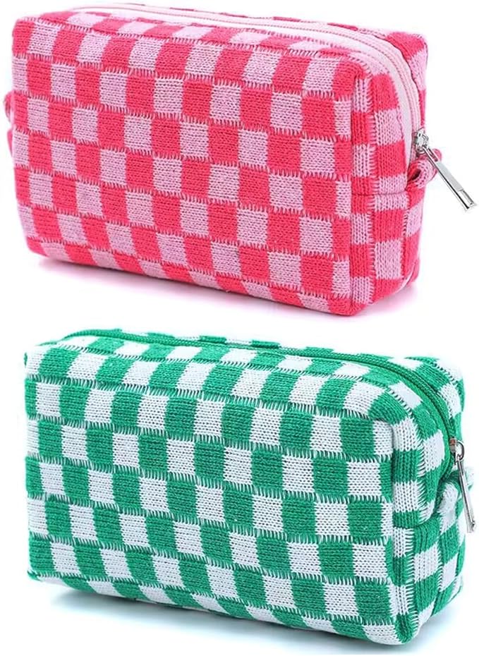 SxoSyo 2 Pcs Checkered Cosmetic Bags, Green & Pink