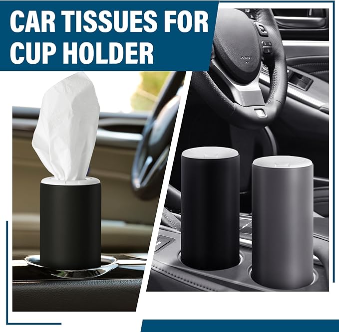 Mifoci 12 Pack Car Tissue Holder with Facial Tissues, Cylinder Car Tissues Box for Vehicle Cup Holders Refill Round Container (Black, Gray)