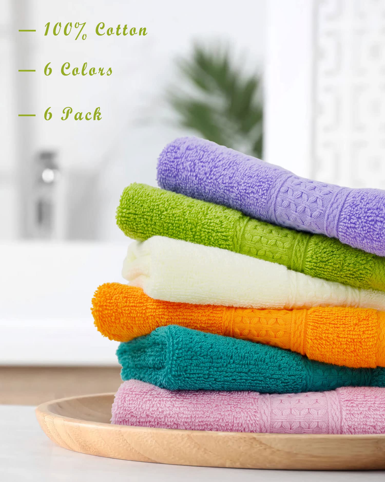 Cleanbear Shower Wash Cloths Soft Cotton with 6 Colors, 13 by 13 Inches