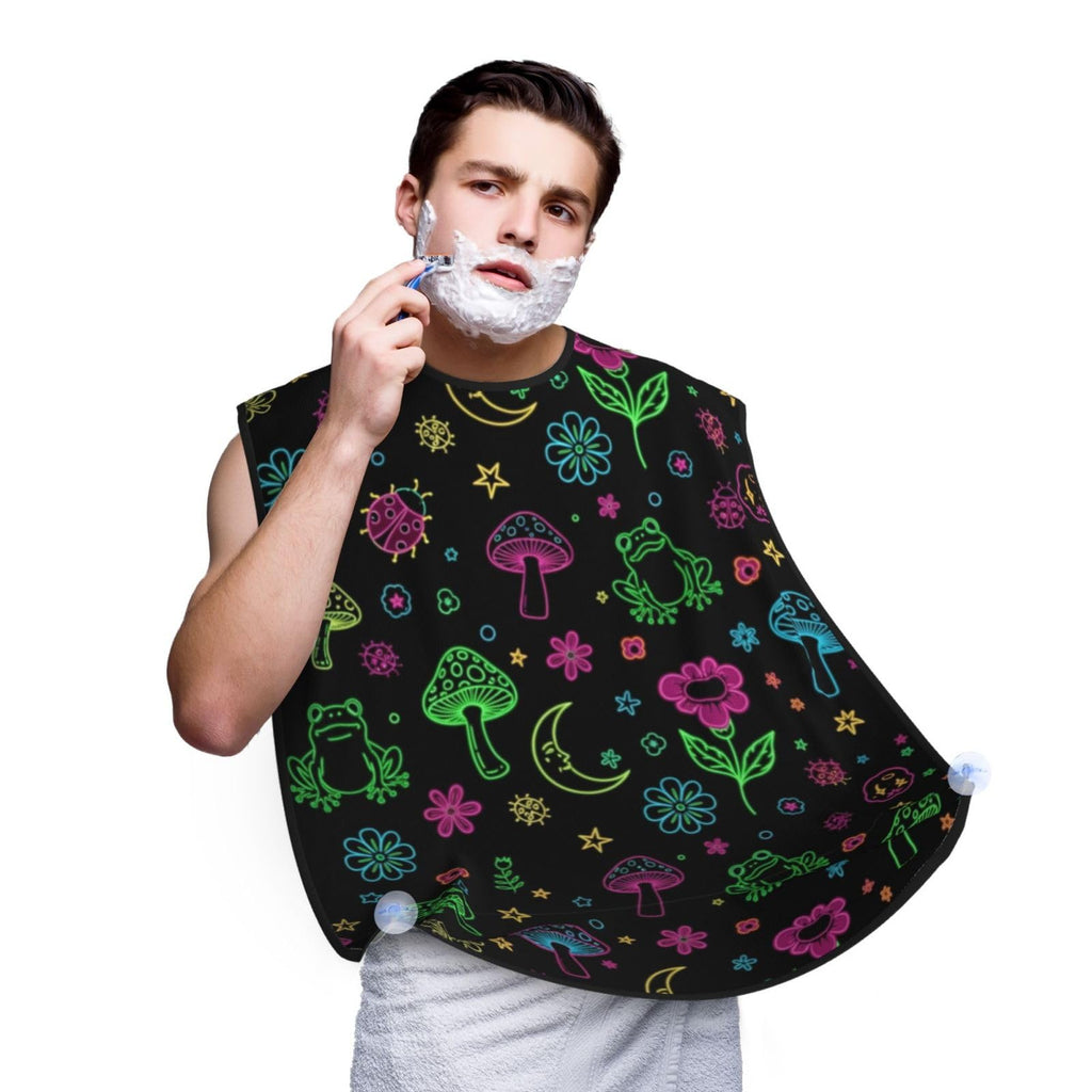 Adjustable Beard Bib, Non-Stick Hair Catcher Cape for Men's Shaving, Waterproof with 2 Suction Cups, Purple Flower Trippy Goth Moon Mushrooms Floral Shave Bib