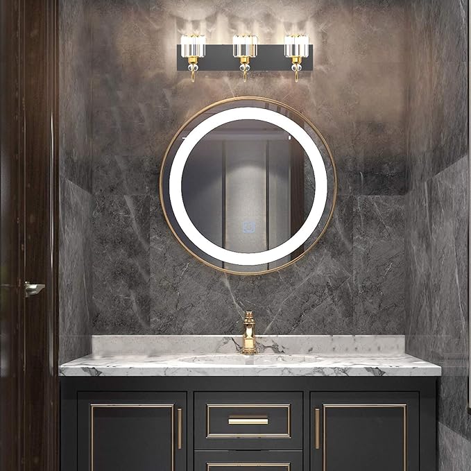 Ralbay Modern Bathroom Vanity Light Fixture, 3-Lights, Black Metal & Crystal, HJ-8600-3T