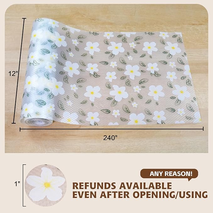 Drawer and Shelf Liner for Kitchen Cabinet,Non-Adhesive EVA Waterproof Drawer Liner for Dresser & Bathroom Vanities with Cutting Tool(12 in X 20 Ft White Cherry Blossom)