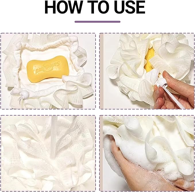 2 PCS Soap Bar Loofah, 2 in 1 Loofah Washcloth Combo, Bath Sponge with Drawstring, That Holds Bar Soap, for Cleansing and Smooth Skin (Beige, Purple)