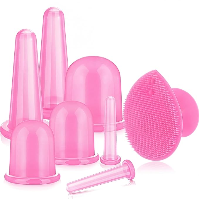 BBTO Silicone Facial Cupping Set, Vacuum Massage Cup Kit for Body, Face, Neck, Back, and Eye, 6 Cups and Exfoliating Brush (Translucent Pink)