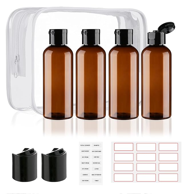 Wowang Travel Bottles for Toiletries 3.4oz 4 Pack TSA Approved Leak-Proof Travel Size Containers Squeezable Empty Plastic Toiletry Bottles for Shampoo, Conditioner, Body Wash (Brown)