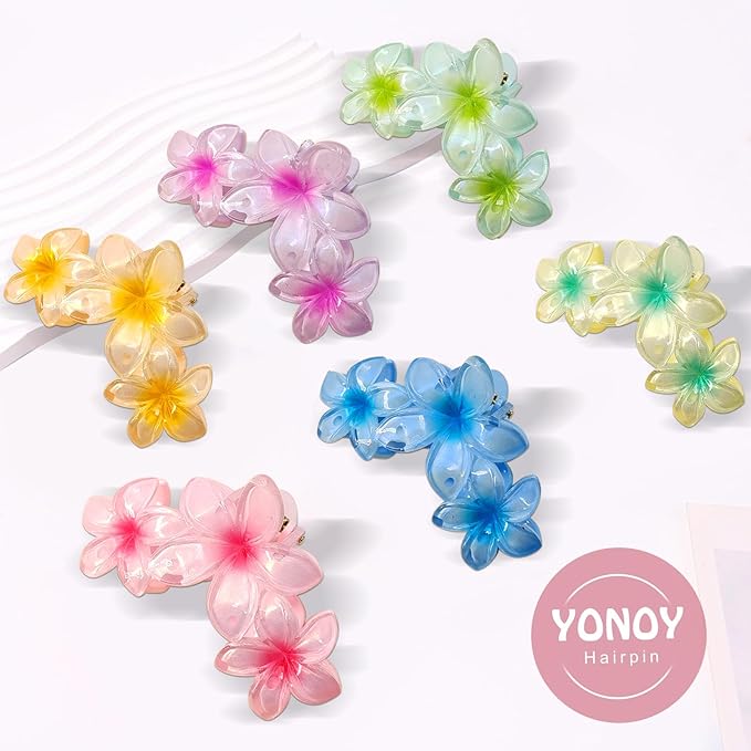 YONOY 6Pcs Flower Hair Clips for Women,Non-Slip Flower Hair Clips for Women,Hawaiian Hair Flower Clip Large Plumeria Banana Cute Clip Beach Hair Accessories (Pearlescent gradient color)