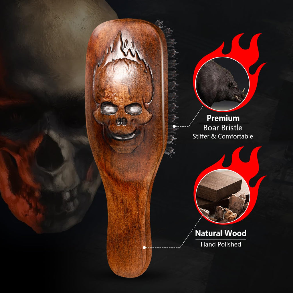Eagle Fortress Boar Bristle Hair Brush for Men Hair Care - Beard Brush, Mustache Brush with Skull on Wooden Handle, Grooming & Styling Tool for Men, Standard Size