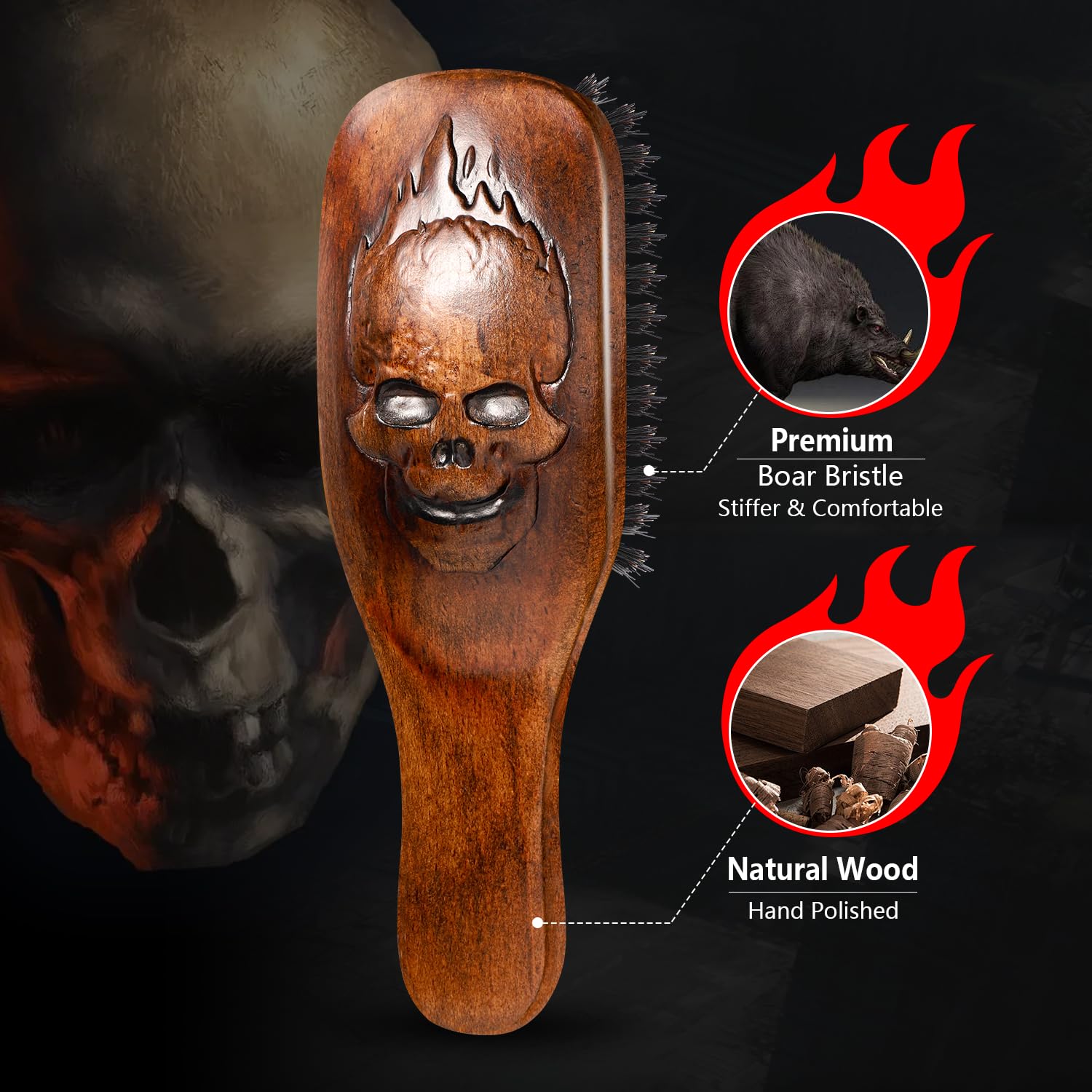Eagle Fortress Boar Bristle Hair Brush for Men Hair Care - Beard Brush, Mustache Brush with Skull on Wooden Handle, Grooming & Styling Tool for Men, Standard Size