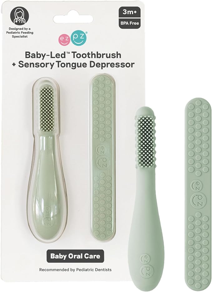 ezpz Baby-Led Toothbrush + Tongue Depressor Dual Pack (Sage) - 100% Silicone Toothbrush + Silicone/Stainless Steel Tongue Depressor - Helps Set-up Infants for a Healthy Oral Care Routine