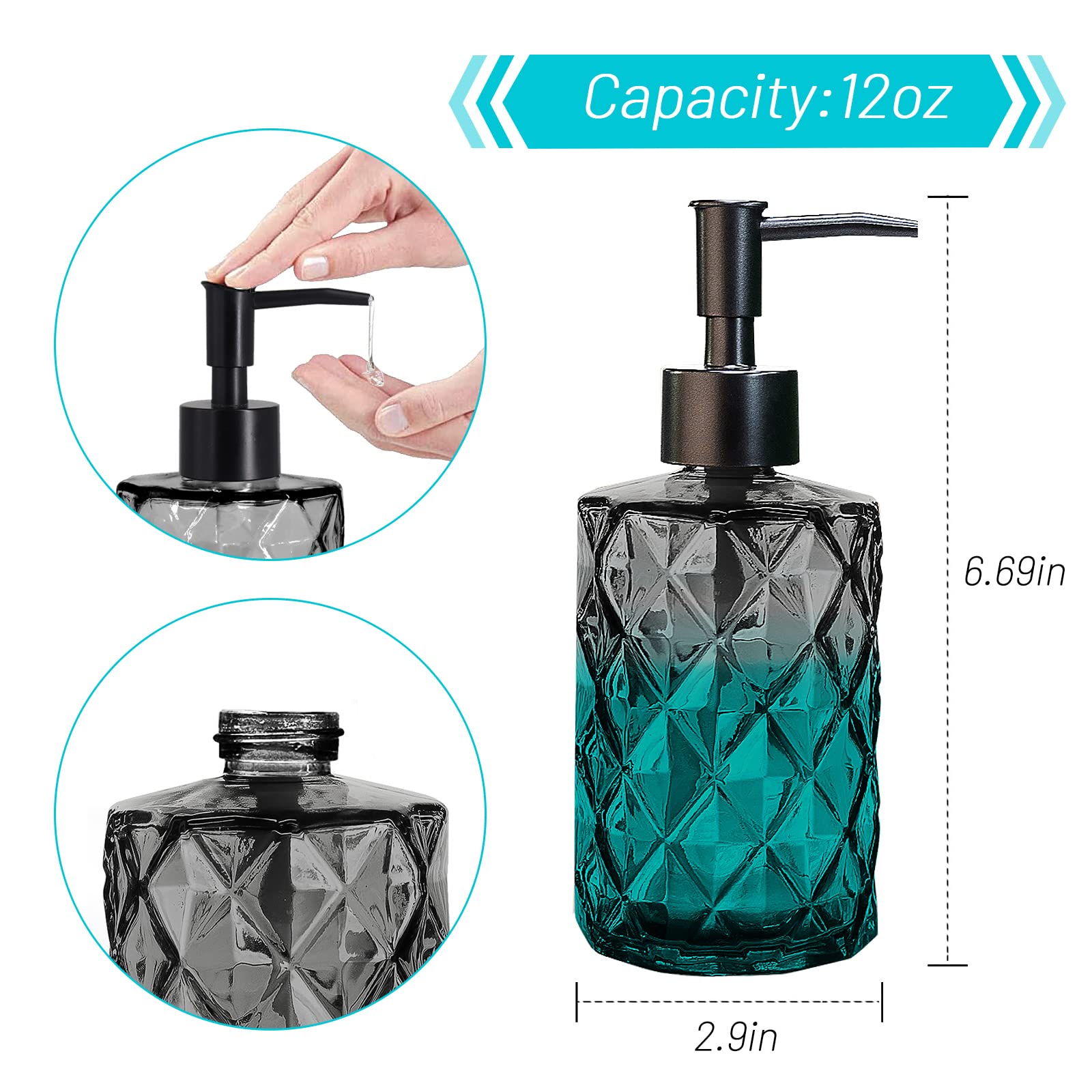 Glass Soap Dispenser with Plastic Pump, 330ml/11oz. Liquid Hand Soap Dispenser for Bathroom and Kitchen, Hand-Pump Dispenser for Dishwashing Liquid, Lotion, Soap, Shower Gel, Essential Oil (Black)