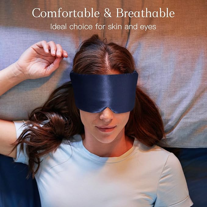 iCooBreeze 100% Natural Silk Eye Mask for Women Men, Soft Pressureless Cooling Blackout Eye Covers for Sleeping, Large Size Sleep Mask fits All Heads Adjustable, 1PC, Navy Blue