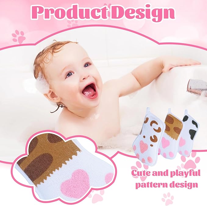 JieLiLeHome Baby and Kids Bath loofah Sponge, Easy Grip Cute Cat Paw Design Kids Body Exfoliating Body Scrubber Loofah Sponge,Bath Sponge Set Designed for Toddler, Women, Boys, and Girls (3 Pack)