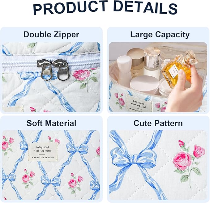 GISMTR 3Pcs Cotton Quilted Makeup Bag Large Travel Cosmetic Bag Coquette Makeup Pouch Cute Aesthetic Floral Toiletry Bag for Women Girls (flower-Q)