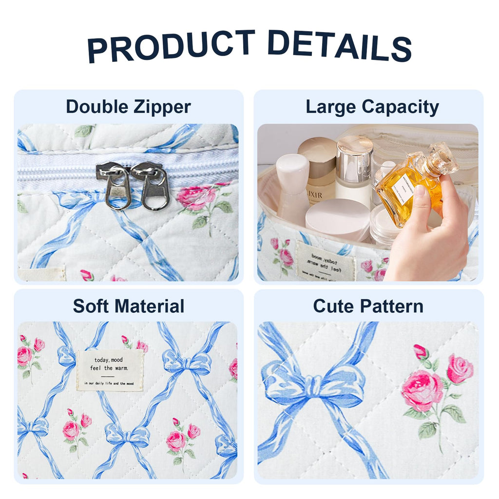 GISMTR 3Pcs Cotton Quilted Makeup Bag Large Travel Cosmetic Bag Coquette Makeup Pouch Cute Aesthetic Floral Toiletry Bag for Women Girls (flower-Q)