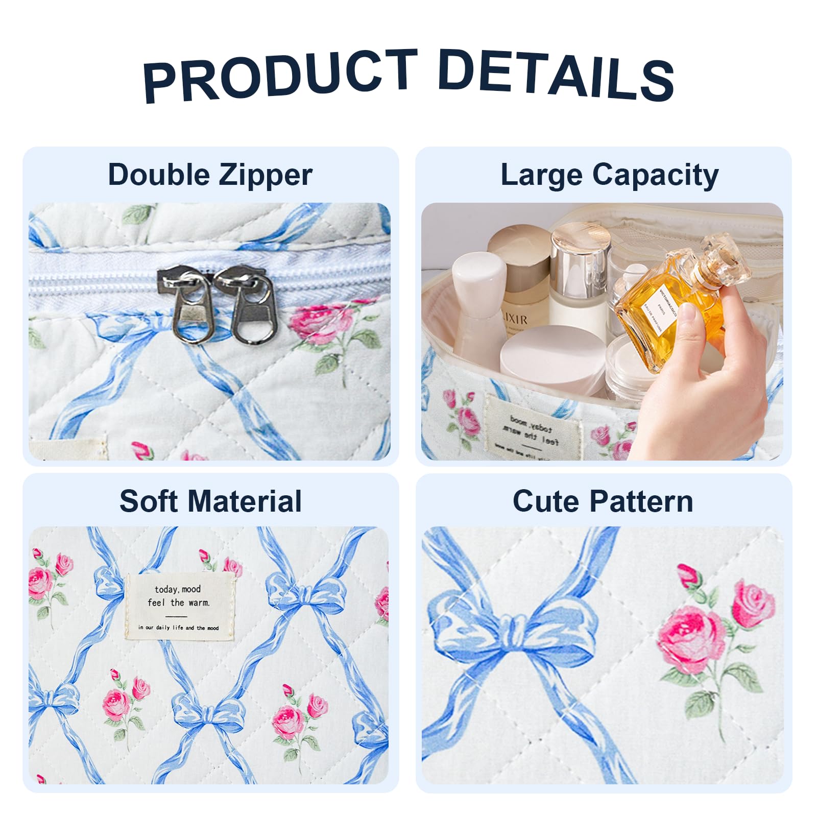 GISMTR 3Pcs Cotton Quilted Makeup Bag Large Travel Cosmetic Bag Coquette Makeup Pouch Cute Aesthetic Floral Toiletry Bag for Women Girls (flower-Q)