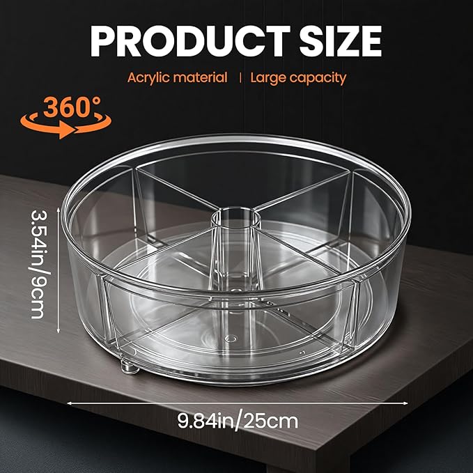 9.8" Lazy Susan Turntable Organizer, Clear Acrylic Spinning Shelf with Raised Edge - 360° Rotating for Fridge, Cabinet, Counter - Storage for Spices, Cosmetics, Food (4-Sections)